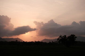 Peach Sunrise Over Silhouetted Mountains and Trees
