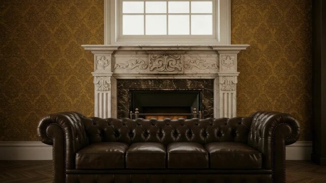 Elegant living room interior with leather sofa and fireplace