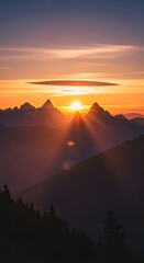 A breathtaking view of a sunset over a mountain range with vibrant colors illuminating the sky and creating a serene atmosphere
