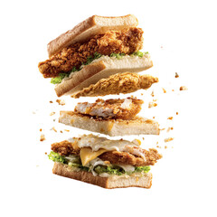 Delicious fried chicken sandwich exploding with ingredients