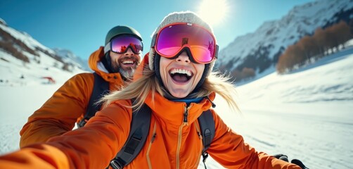 Happy couple enjoys winter sports on snowy mountain. Smiling woman with ski goggles takes selfie photo. Man wearing helmet is behind her. Winter vacation adventure for active people.