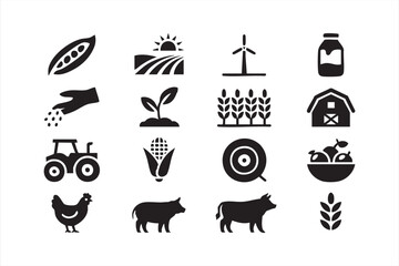 Comprehensive agricultural symbol set including produce, tractors, barns, and crops