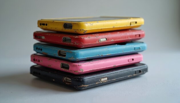Stack of old cell phones with worn colorful cases. Devices show signs of use, wear, tear, representing obsolescence collection of outdated tech. Phones piled, suggesting discarded electronics history