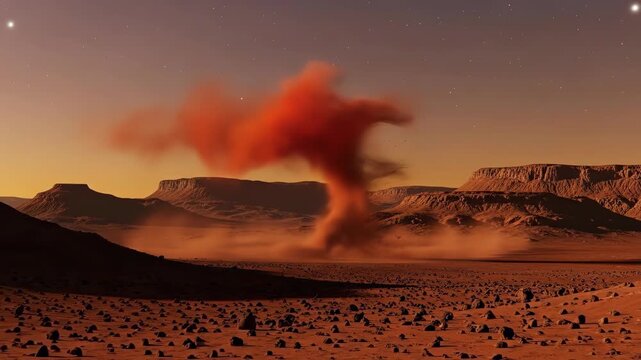 Dust Devil Swirling in Arid Martian Landscape at Sunset, Red Planet Surface with Rocky Terrain and Distant Mountains, Martian Atmosphere Phenomenon.