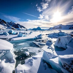 A breathtaking arctic panorama featuring a frozen sea dotted with icebergs and surrounded by snow-capped mountains under a bright sun