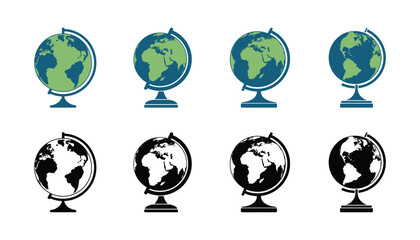 Black and white globes set with a white background