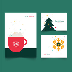 Naklejka premium Merry Christmas and Happy New Year. Set of greeting cards, posters, flyers, brochure design. Christmas tree, snowflakes and stars, 