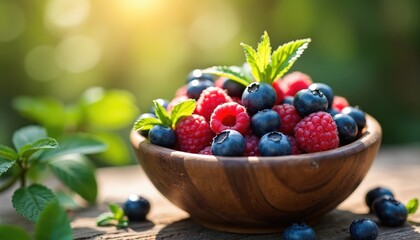 Ripe blueberries and raspberries in a wooden bowl on a wooden table with mint leaves. Fresh berries with green leaves outdoors in natural sunlight. Healthy fruit in a rustic bowl.