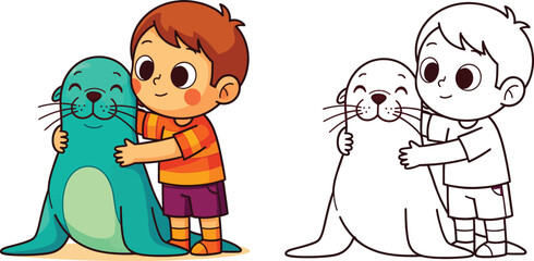 Cute Boy Hugging Happy Seal Friendship and Animal Love Cartoon