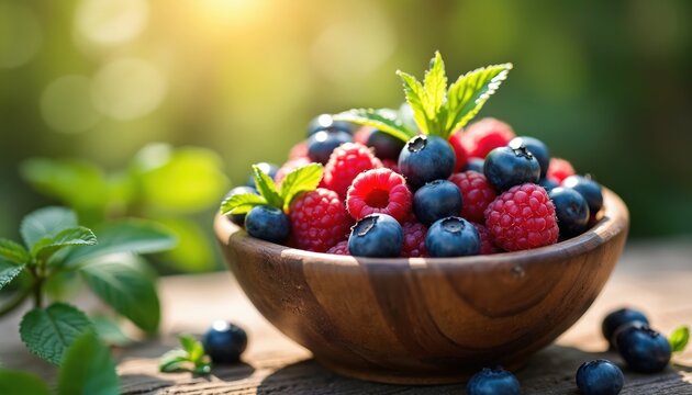 Ripe blueberries and raspberries in a wooden bowl on a wooden table with mint leaves. Fresh berries with green leaves outdoors in natural sunlight. Healthy fruit in a rustic bowl.