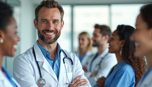 Confident doctor smiles in modern clinic. Diverse group of medical staff works in background. Medical professionals provide care. Teamwork, expertise is important for health consultations, diagnosis.