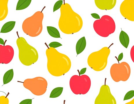 Colorful, repeating pattern of apples, pears and green leaves on a white background