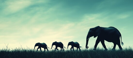 Elephant family walks savanna sunset; wildlife conservation