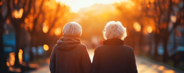 Two seniors stroll at sunset, autumnal trees blurred background.  Perfect for retirement
