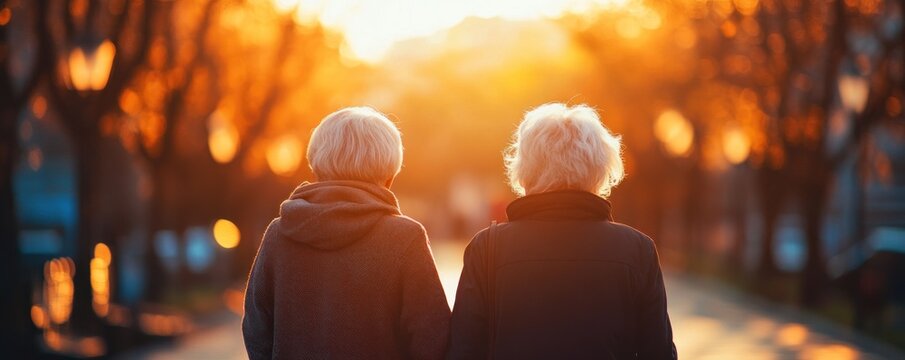 Two seniors stroll at sunset, autumnal trees blurred background. Perfect for retirement - Powered by Adobe