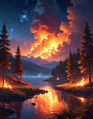 A breathtaking landscape with a massive fire consuming the mountains and reflecting in the serene lake under a starry night sky
