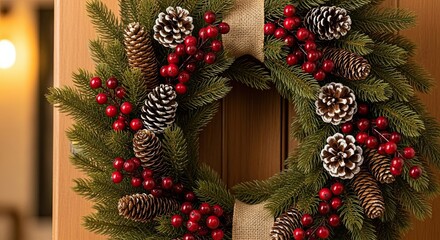 Festive Holiday Wreath with Pinecones and Red Berries Decoration