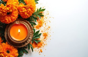 Orange marigold flowers surround a lit candle and scattered spice powder. Festive decor for a cultural celebration with natural, aromatic elements.