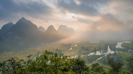 Scenery of Ngoc Con mountain, Cao Bang province, Vietnam filled with mist in the early morning