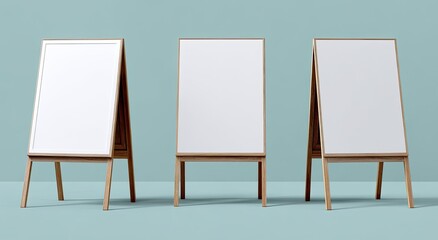 Three blank A-frame display boards, light wood frame, light-blue background