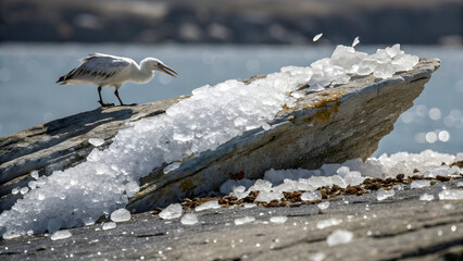 Full hd 4k stock image download White bird standing on rough rock covered in shimmering ice crystals near water