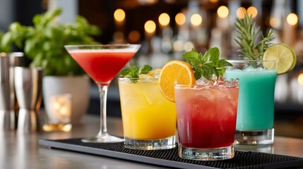 Colorful cocktails lineup on a bar counter