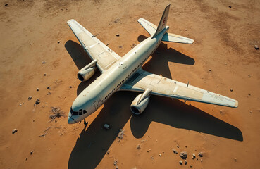 Aerial view shows broken plane in desert. Wreckage of aircraft lies on sand. Abandoned aeroplane stands alone. Needs recovery recycling. Crash in wasteland. Disaster accident on abandoned runway.