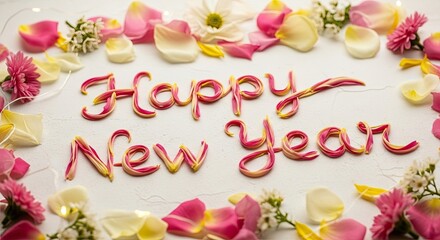 Beautiful Happy New Year Decoration with Flowers and Lights