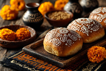 Pan de Muerto with sugar skull and Cempasuchil flowers or Marigold and Papel Picado. Decoration traditionally used in altars for the celebration of the day of the dead in Mexico