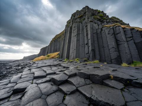 Hexagonal basalt columns form a rugged dark grey rock formation on a coastal landscape under a cloudy sky full hd 4k stock image download