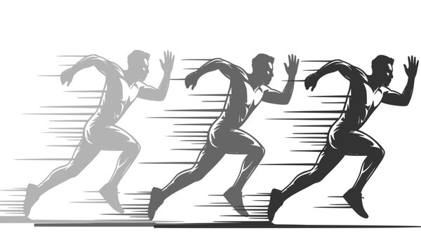 Athlete Running Fast with Speed Lines Motion Blur Effect, Stroboscopic Effect Silhouette Showing Dynamic Movement, Sprint and Race Concept Vector