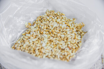 closeup fresh toasted sesame in transparent container bag, studio shot, isolated on white background, fatty seeds, organic dry raw sesame nuts, selective focus, shallow depth of field, Cairo Egypt