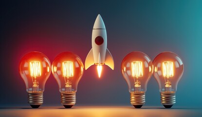 A 3D rocket with light bulbs around flying in space against a dark blue background representing new idea and innovative technology business project concepts.