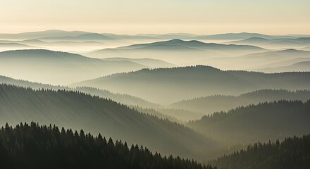Obraz premium Misty Mountain Peaks Bathed in Golden Morning Sunlight