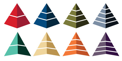 Pyramid infographic set. Colorful vector triangle diagram, triangular pyramid infographics, designed for business presentations, charts, educational materials. pyramid diagrams with ascending levels.