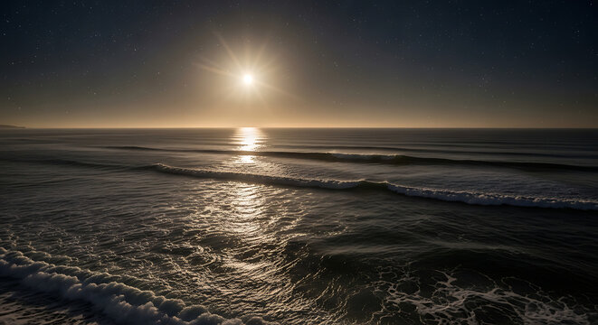 Ocean waves under a bright moon with stars in the sky during the night time scenic view landscape ai generated - Powered by Adobe
