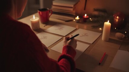 Person writing Christmas cards by candlelight creating a festive and cozy atmosphere for holiday greetings.