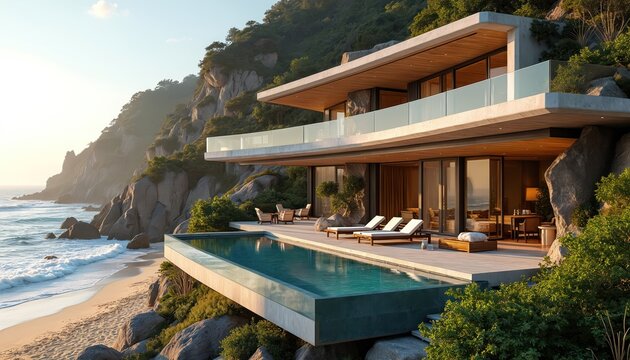 Modern luxury villa built on cliffside overlooking ocean waves. Infinity pool, sunbeds, outdoor lounge area offer serene seaside relaxation. Rich green hills surround this exclusive coastal retreat.