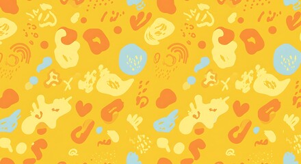 Colorful, repeating pattern with organic shapes, including hearts, spots, and abstract doodles on a yellow field