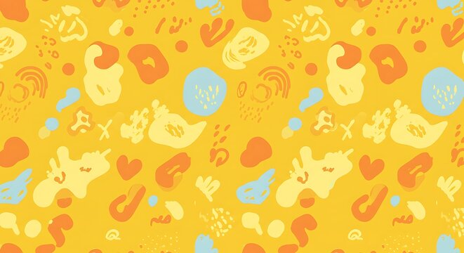 Colorful, repeating pattern with organic shapes, including hearts, spots, and abstract doodles on a yellow field