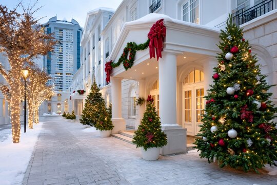 Elegant hotel entrance decorating for Christmas holiday in winter snow