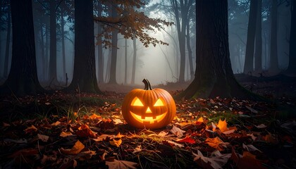 A carved pumpkin with an illuminated face sits in a spooky, foggy forest. Fall leaves litter the ground. The scene is dark