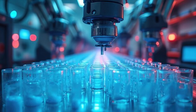 Lab machine processes liquid samples in test tubes. Robotic arm analyzes genetic material. Biomedical engineering diagnostic modern robotic system works in hi tech laboratory. Automation improves - Powered by Adobe