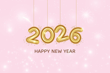 Happy 2026 New Year On Pink Background. Vector Illustration Of New Year's Eve Celebration With Fireworks Concept For Greeting Card, Website, Banner Etc.