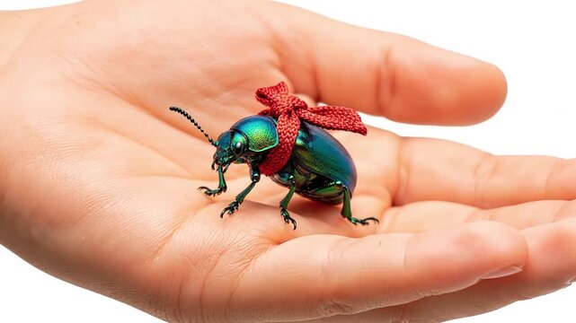 Jewel Beetle with Red Bow on Palm: Exotic Insect Close-Up Video