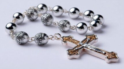 Silver rosary beads with crucifix for prayer