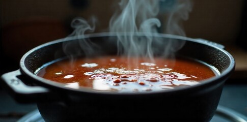 Diner Stew in a Cast Iron Pot A heavy cast iron pot on a stovetop, filled with simmering diner stew. Visible steam rises from the dark, rich liquid and chunky ingredients. Focus on the pot and the