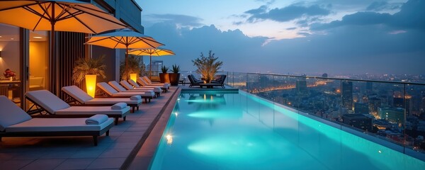 Rooftop pool at dusk offers city view. Loungers umbrellas provide relaxation. Modern hotel spa with lighting atmosphere. Vacation travel concept with cityscape lights.