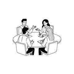 Four business people discussing at a round table meeting.