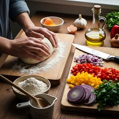 Person kneading dough on a wooden board with vegetables and ingredients